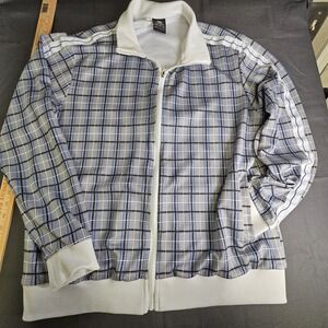 JIAN WANG Track Jacket XL Plaid Full Zip Athletic White Blue Black White Trim